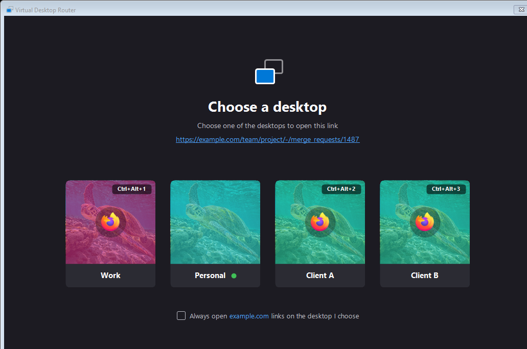 The "Choose a desktop" picker: one tile per virtual desktop with a browser open, each with its wallpaper, a color tint, and the browser's icon.