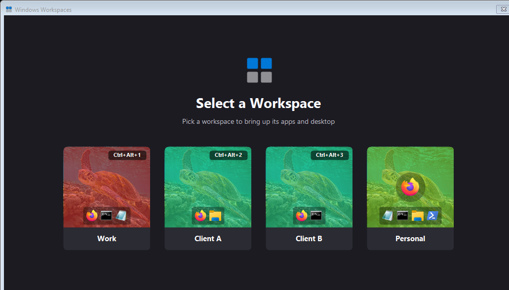 The "Select a Workspace" picker: one tile per workspace, each with its desktop's wallpaper, an optional color tint, and an app icon.